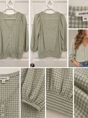 Signature Sage Green Gingham Button-Front Blouse
